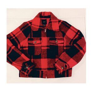 Plaid Wool Jacket, Size S, Red and Navy Short Jacket, Winter Coat